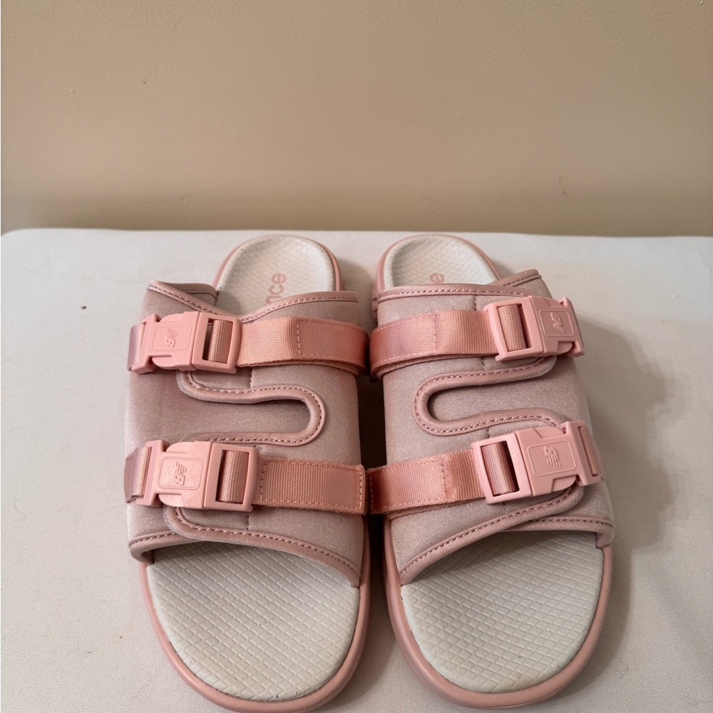 New balance pink and white slides